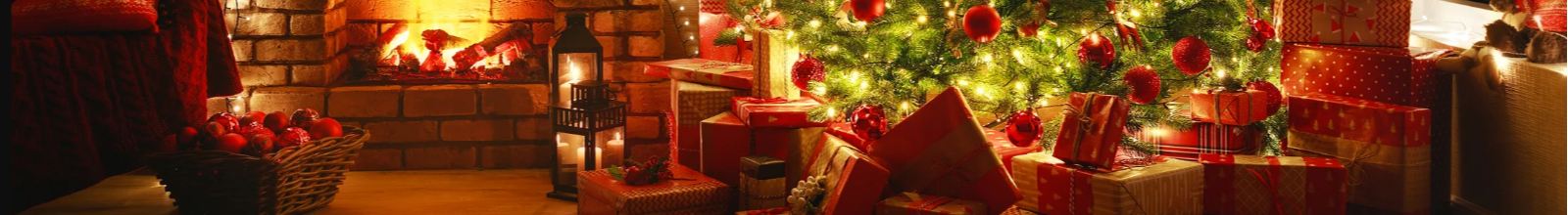 christmas scene with a lit tree, fire in the fire place and presents wrapped in red paper under the tree