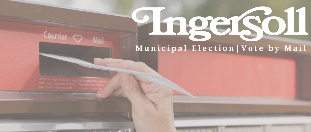 hand putting a votercard paper in a rural mailbox with the Town of Ingersoll logo in the top right corner of the image
