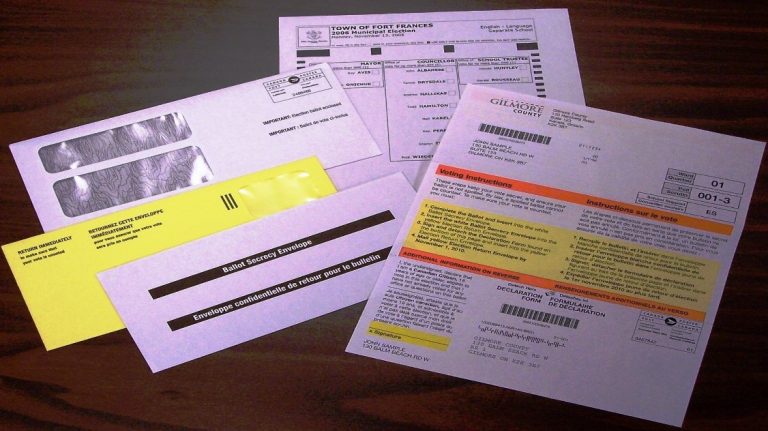 2 vote papers with envelopes for ballot secrecy, multiple choice card, and paid postage envelope