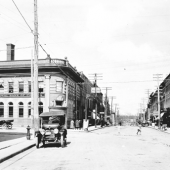 black and white view of the main street in Ingersoll late 1940s