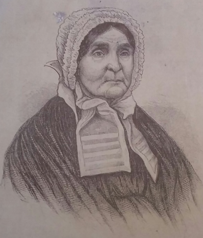 black and white drawn photo of a woman wearing a bonet