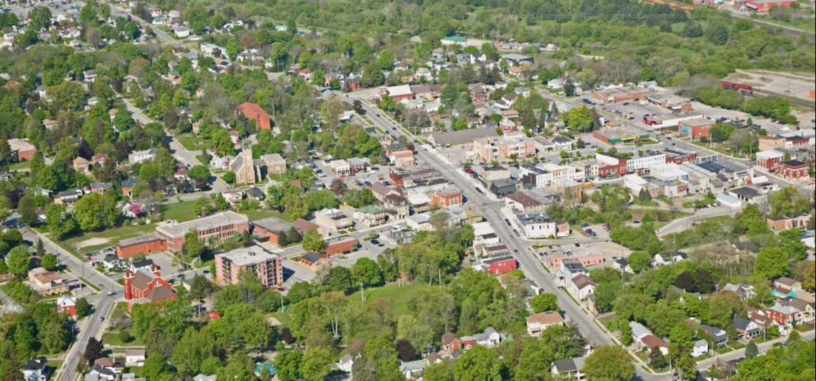 Aerial view of the Town of Ingersoll's main street and surrounding areas