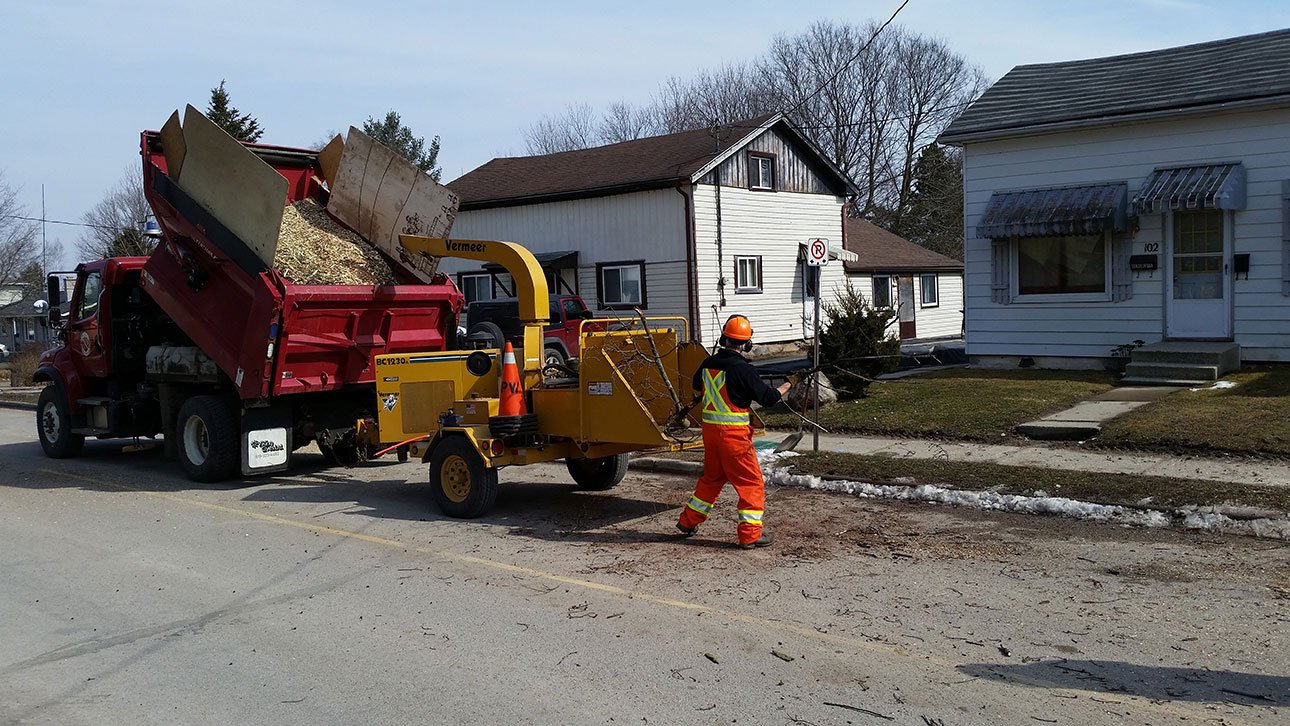 Town worker feeding a wood chipper branches on a residential street