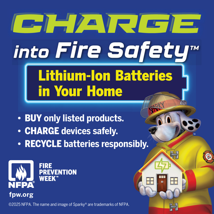 Fire Prevention Week themed graphic with fire safety dog, Sparky, holding a small model of a house
