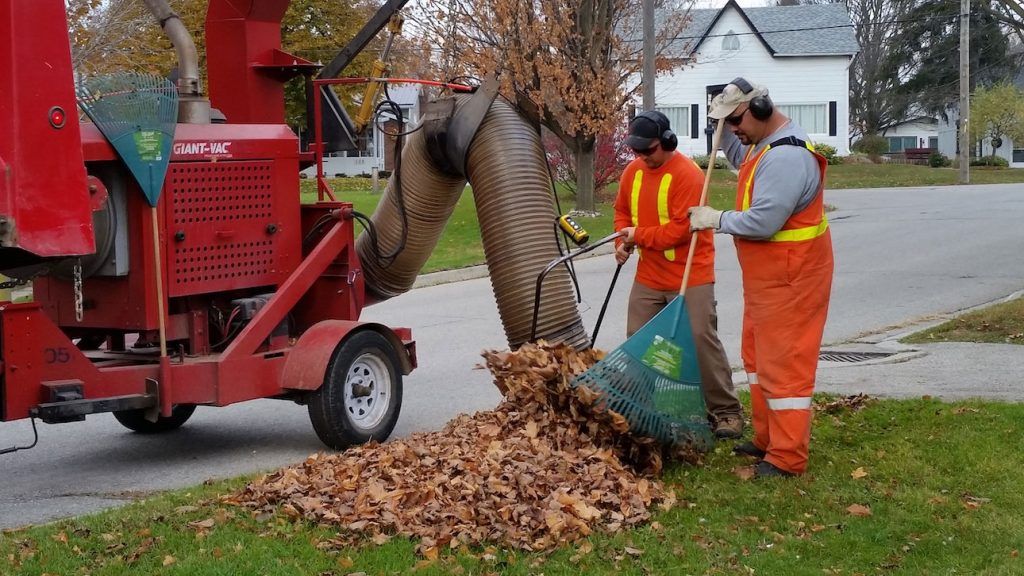2 men using a truck with tube to suck up roadside leaves