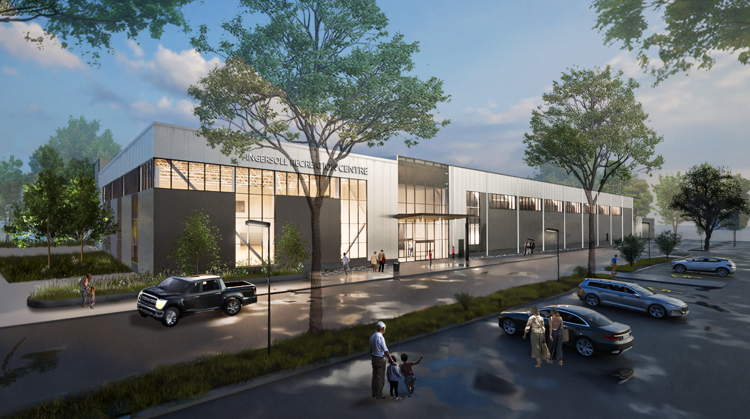 Rending of community centre front exterior.