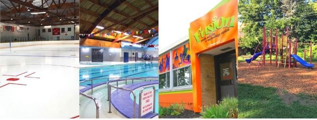 Collage of ice rink, community pool, youth centre, and playground
